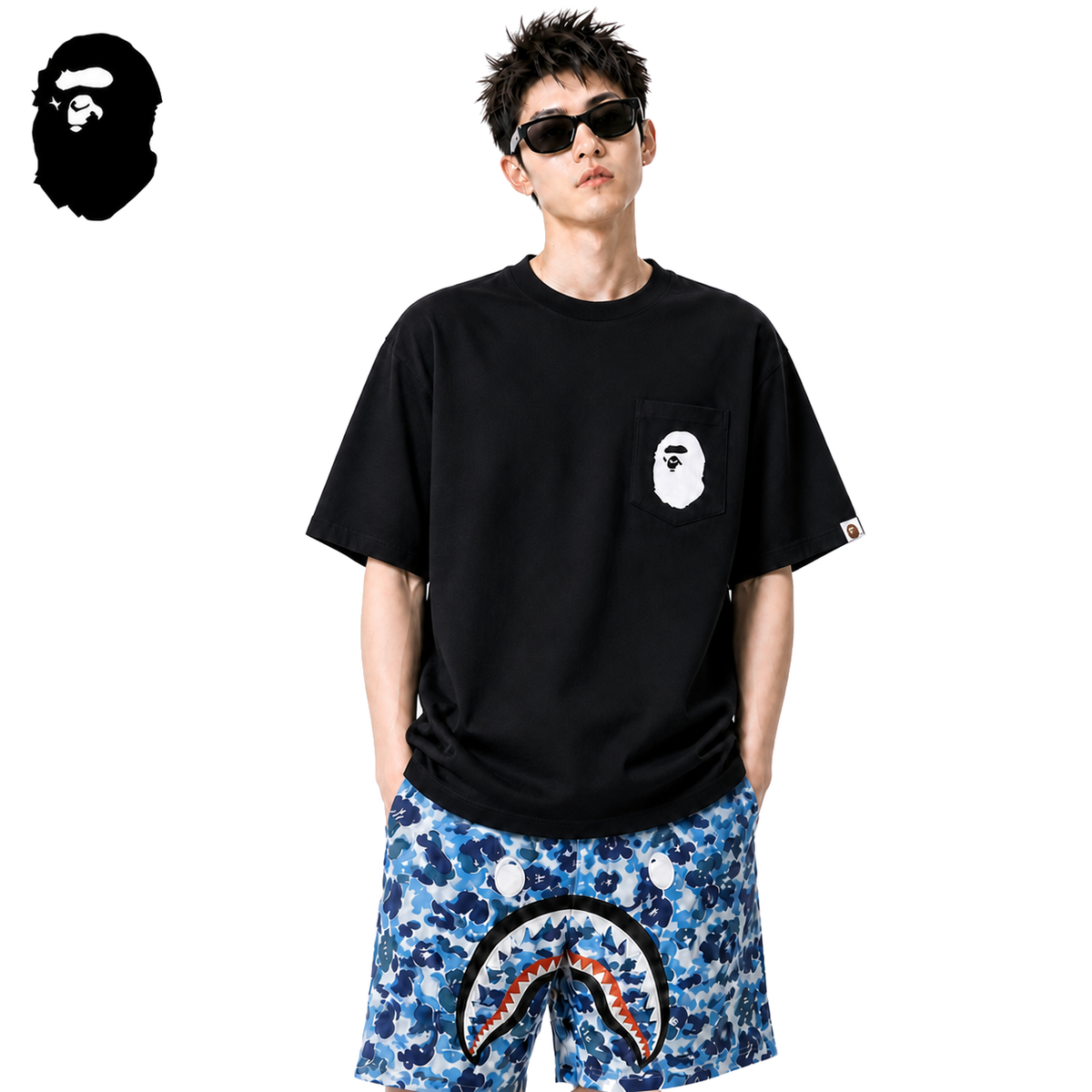 BAPE Big Ape Head Pocket Men's T-Shirt - Black - Black streetwear model on pure white background