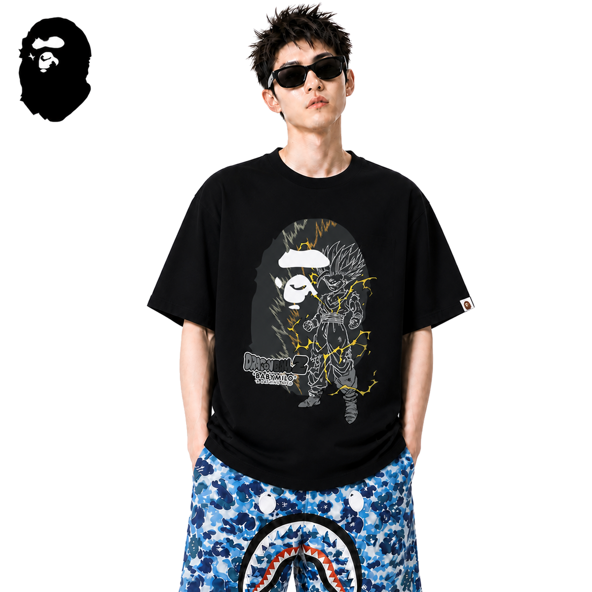 BAPE Dragon Ball Z Ape Head Men's Graphic T-Shirt - Black - Black streetwear model on pure white background