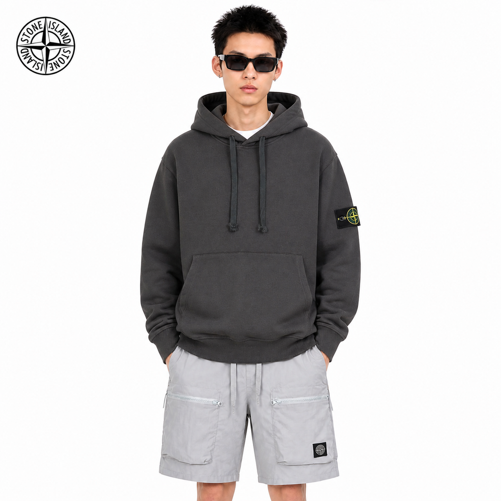 Stone Island Compass Badge Oversized Pullover Hoodie on male model - front view