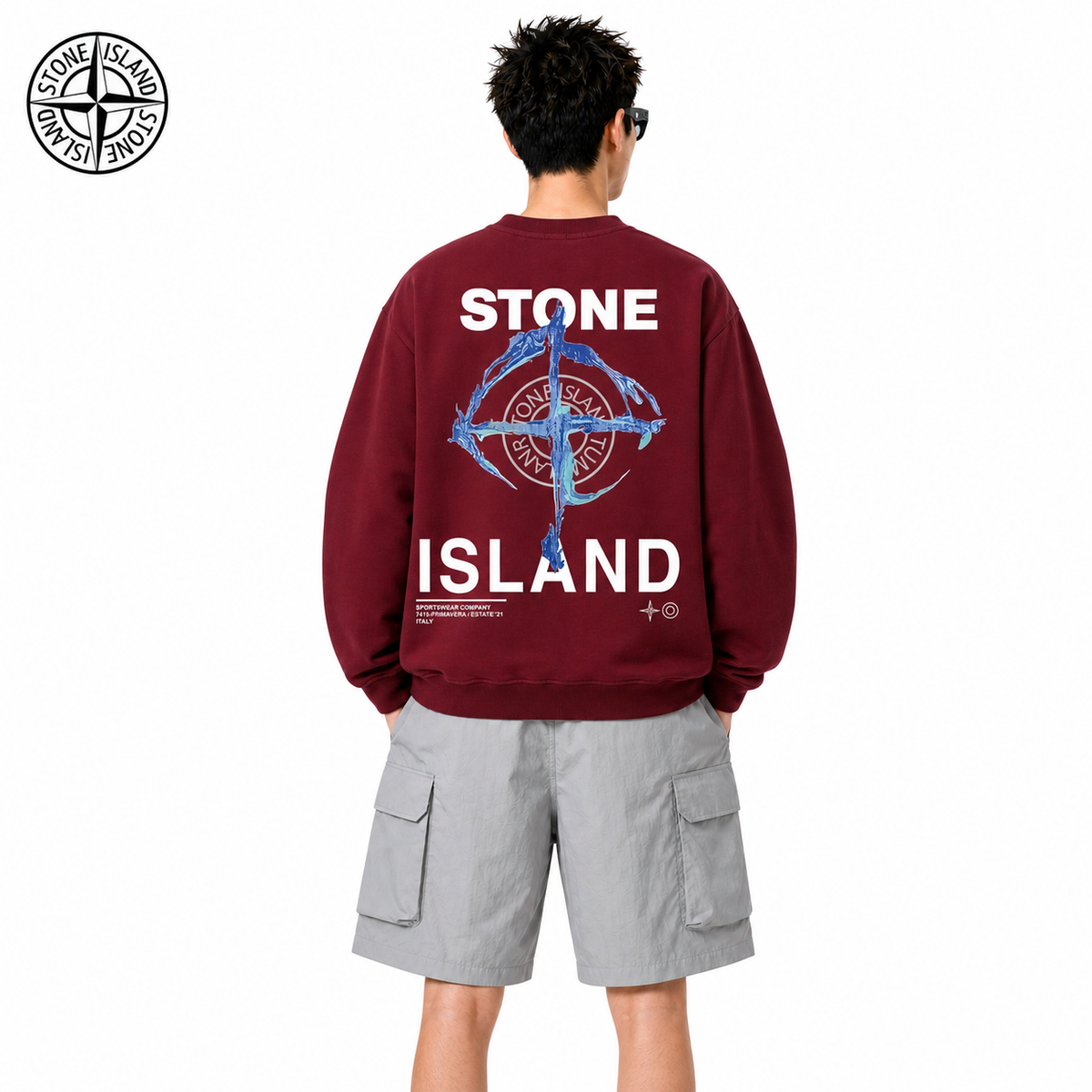 Stone Island Blue Compass Back Graphic Crewneck Sweatshirt on male model - back view