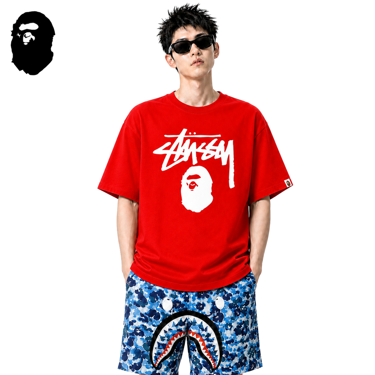 BAPE x Stussy Big Logo Men's T-Shirt - Red - Red streetwear model on pure white background
