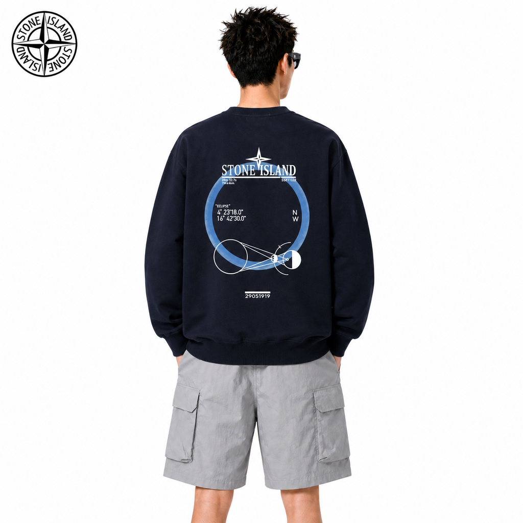 Stone Island Orbital Compass Back Graphic Crewneck Sweatshirt on male model - back view