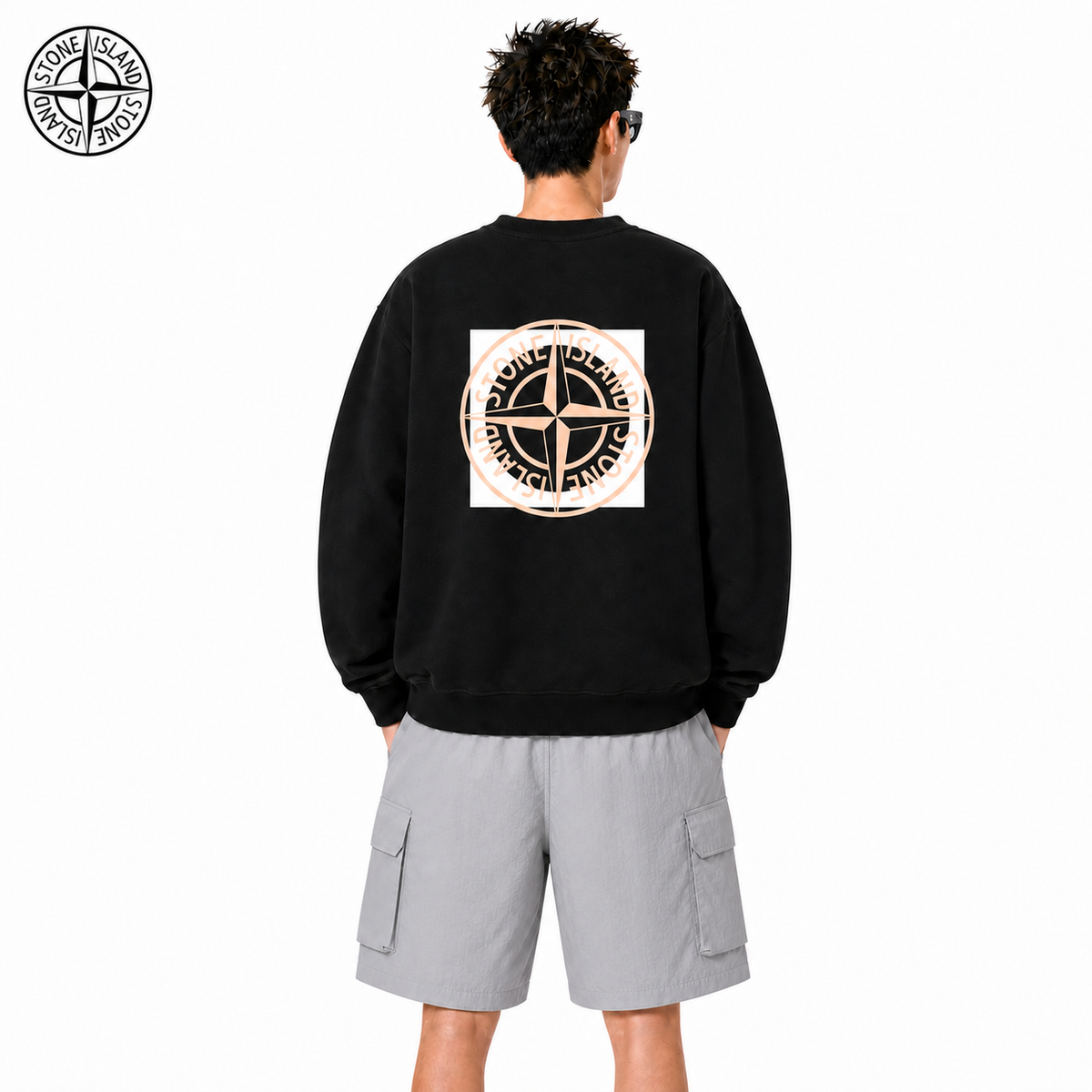 Stone Island Framed Compass Back Graphic Crewneck Sweatshirt on male model - back view