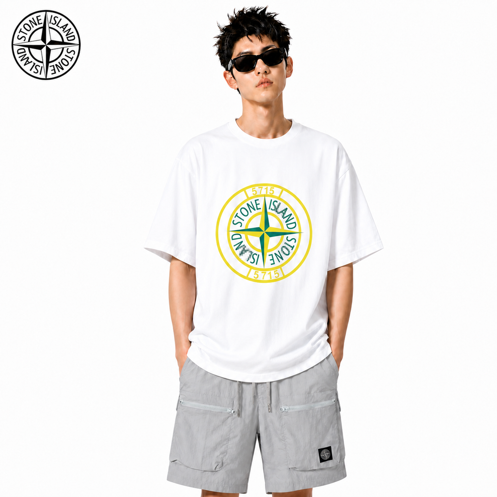 Stone Island 5715 Compass Graphic Cotton T-Shirt on male model - front view