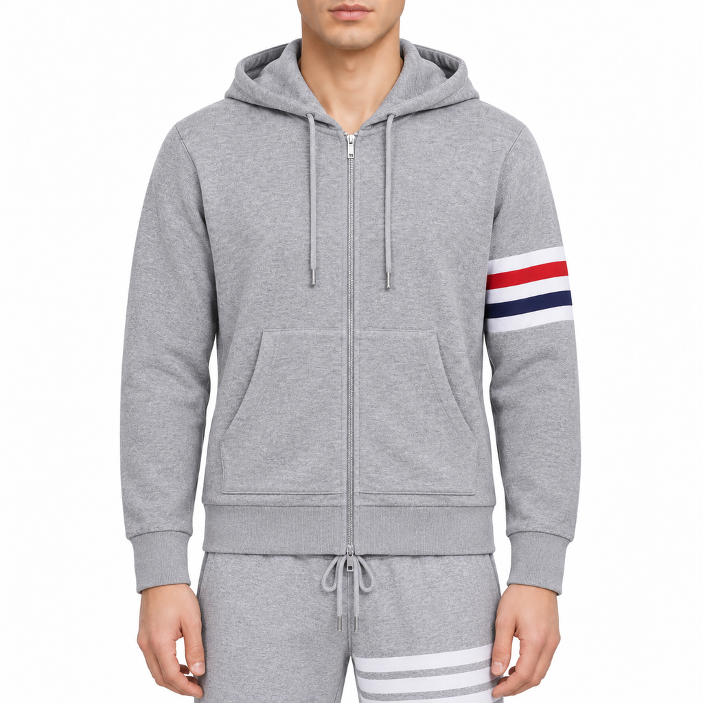 Men's Four-Pole Hoodie by Thom Browne, modeled on a pure white background