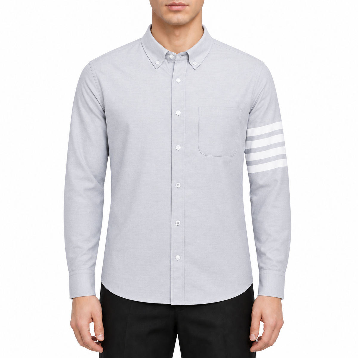 Solid shirt by Thom Browne, modeled on a pure white background
