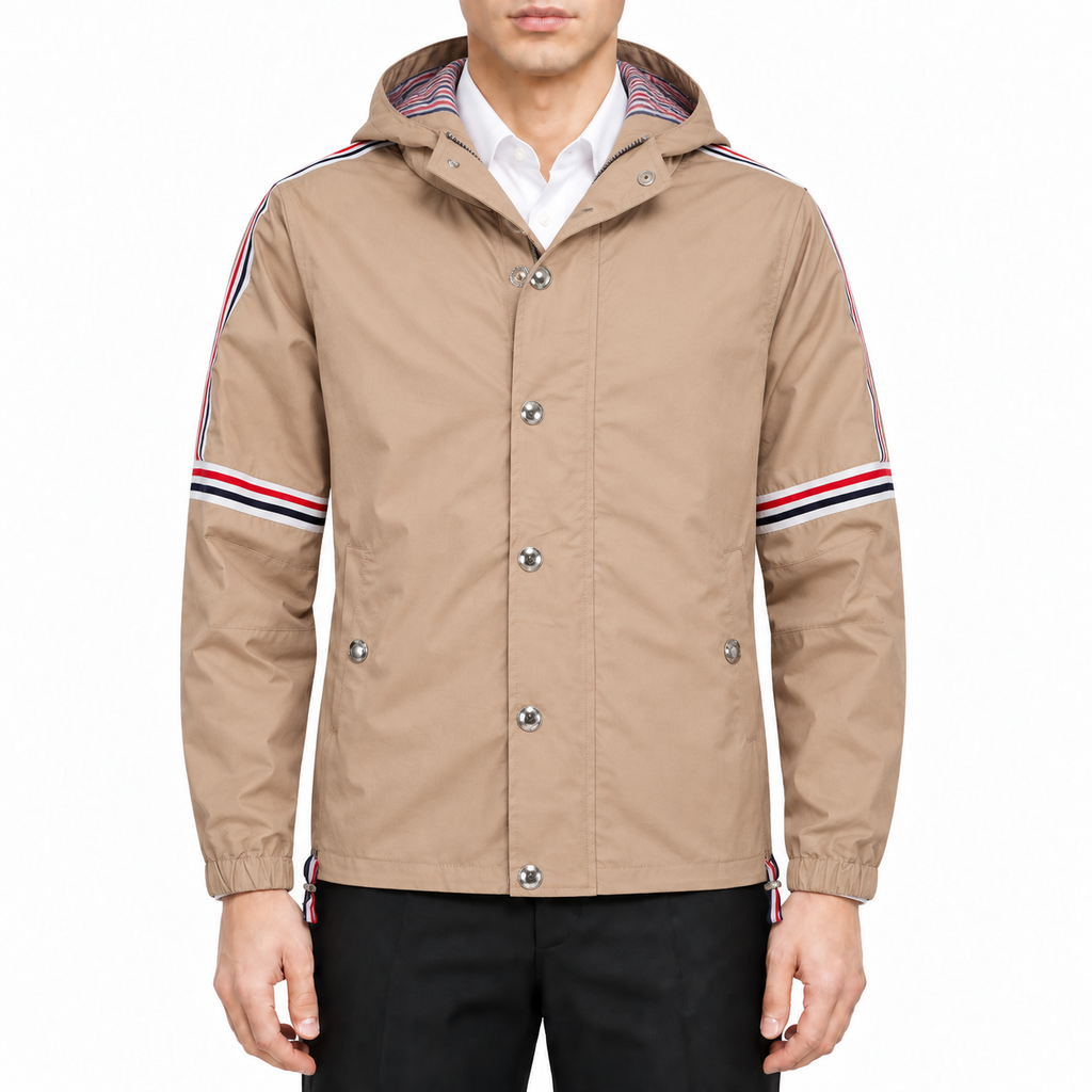 Men's Premium Trench Coat by Thom Browne, modeled on a pure white background