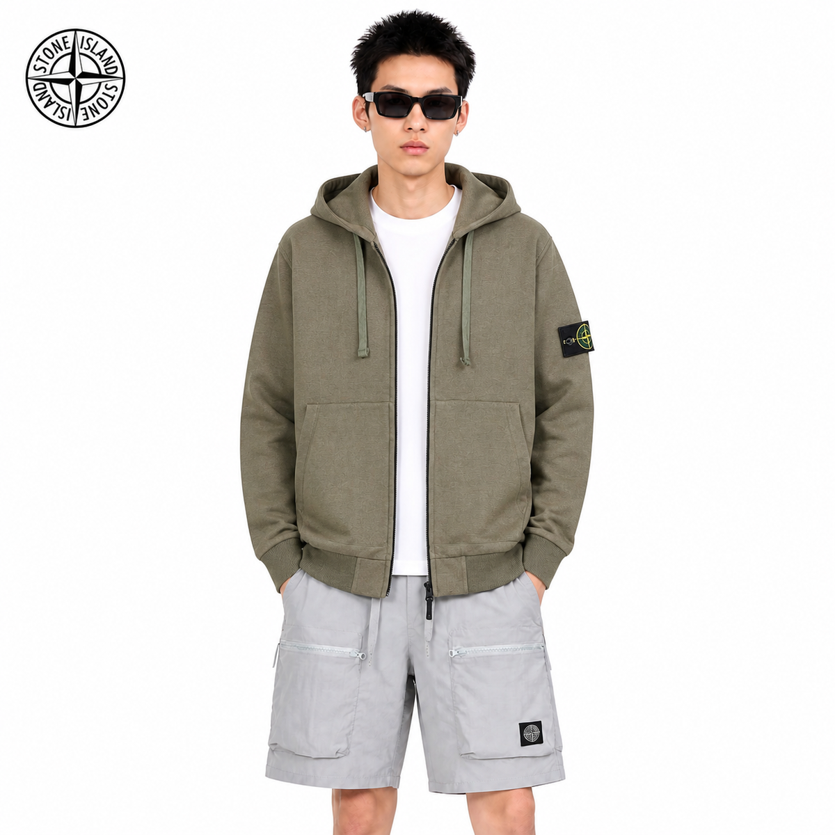 Stone Island Compass Badge Full-Zip Hoodie on male model - front view
