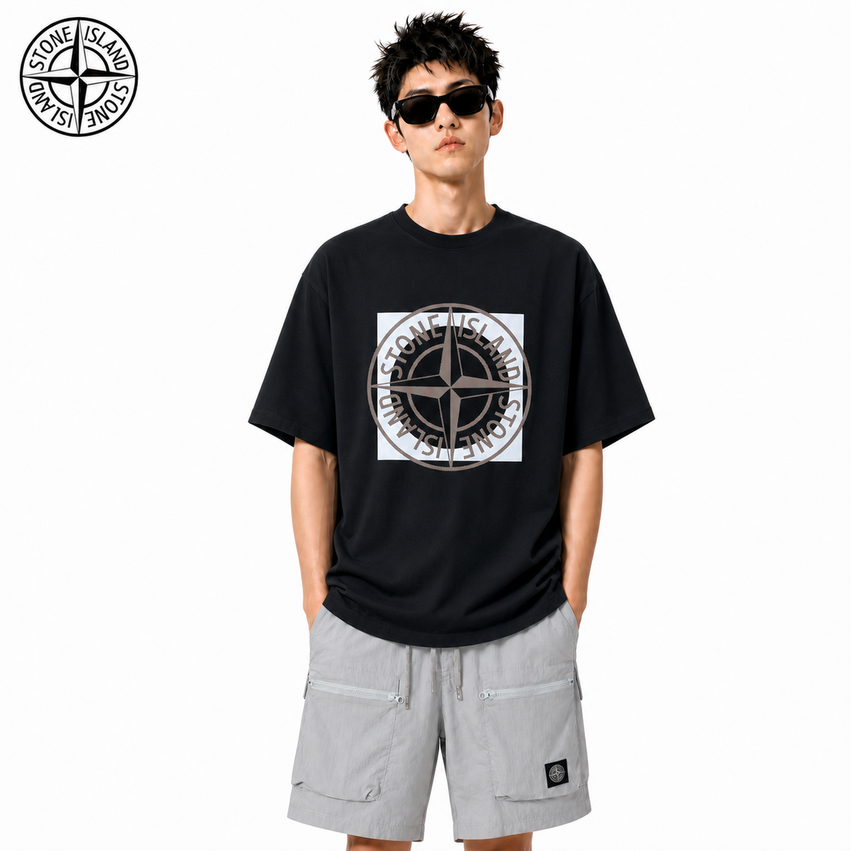 Stone Island Tonal Compass Square Graphic Cotton T-Shirt on male model - front view