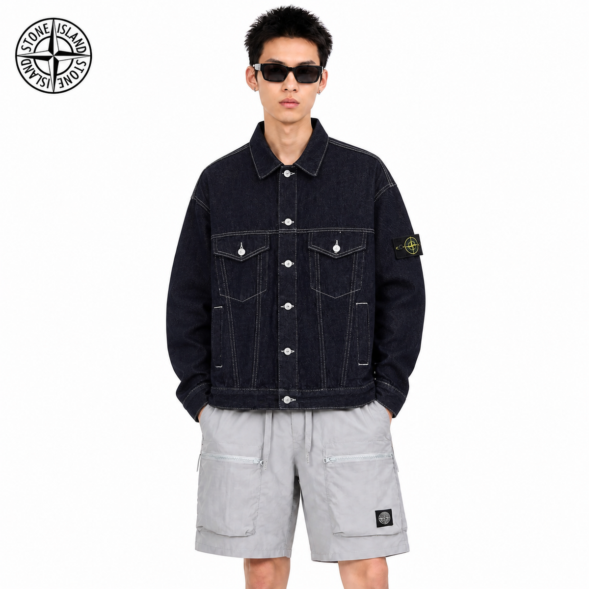 Stone Island Compass Badge Denim Trucker Jacket on male model - front view