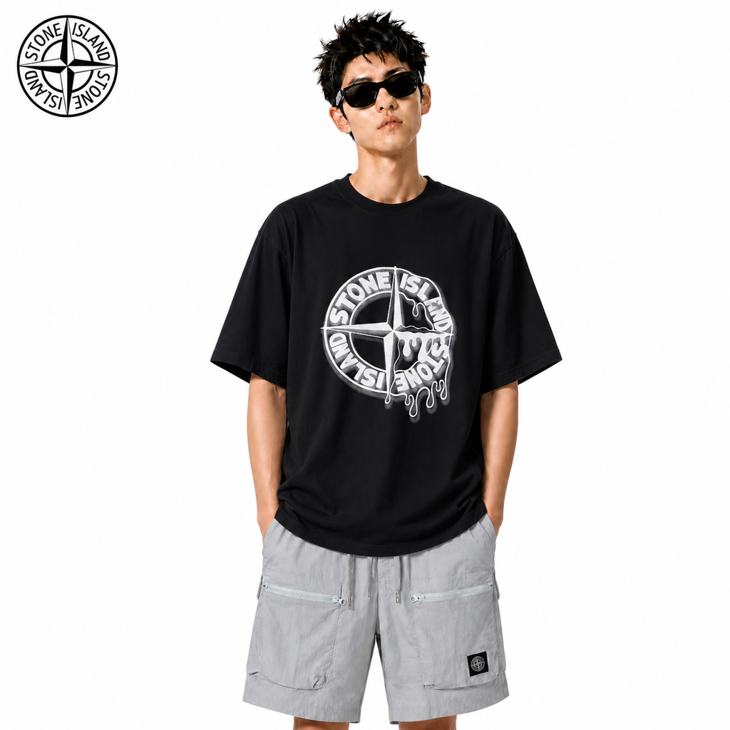 Stone Island Melting Compass Graphic Cotton T-Shirt on male model - front view