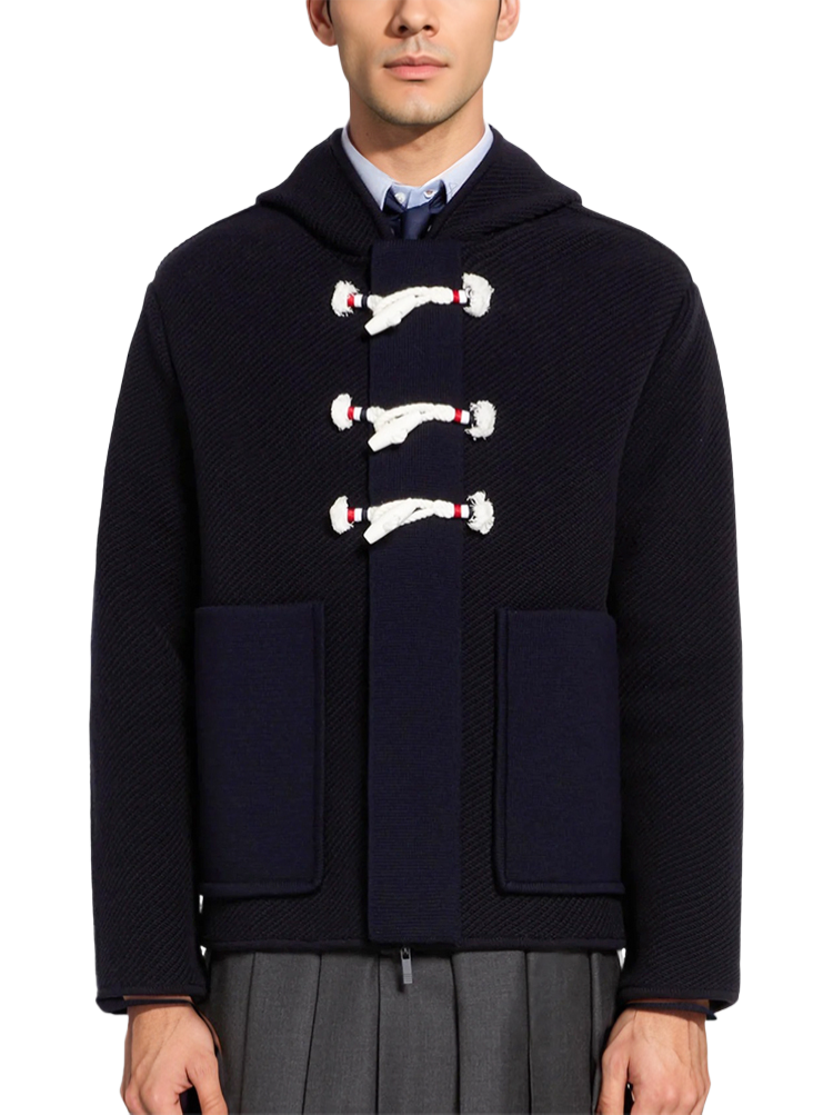 Men's hooded jacket by Thom Browne, outerwear detail view