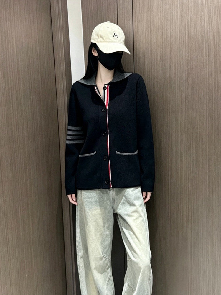 Unisex Lapel Knit Workwear Jacket - 4-Bar Stripe by Thom Browne, outerwear detail view