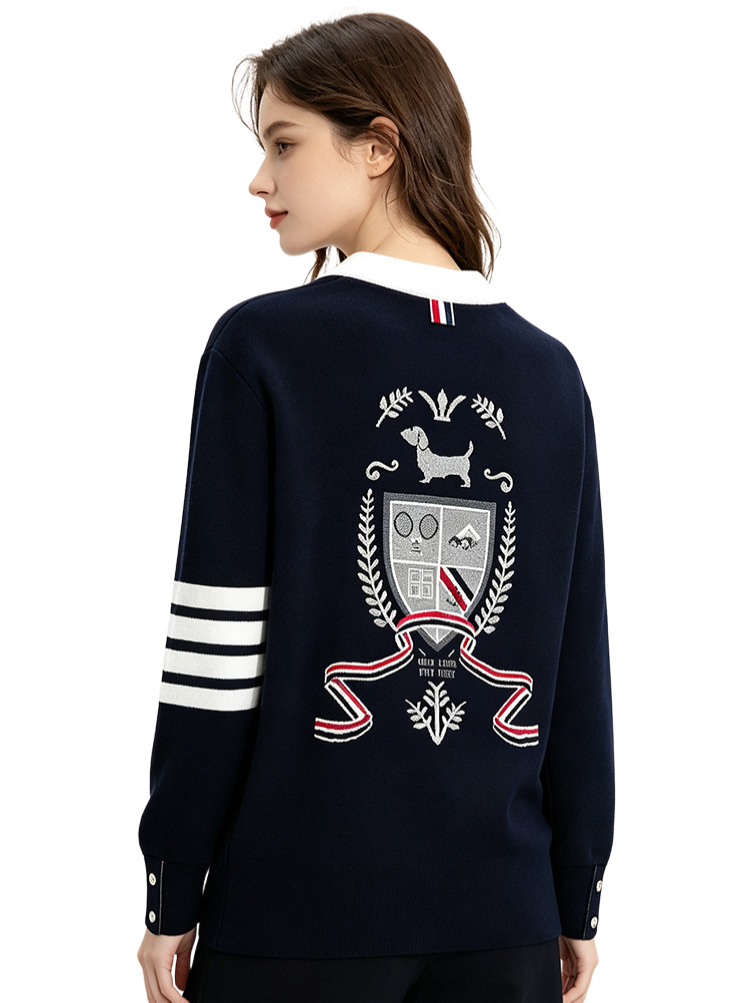 Intarsia Knit Cardigan — Unisex Four-Stripe Badge Sweater by Thom Browne, outerwear detail view