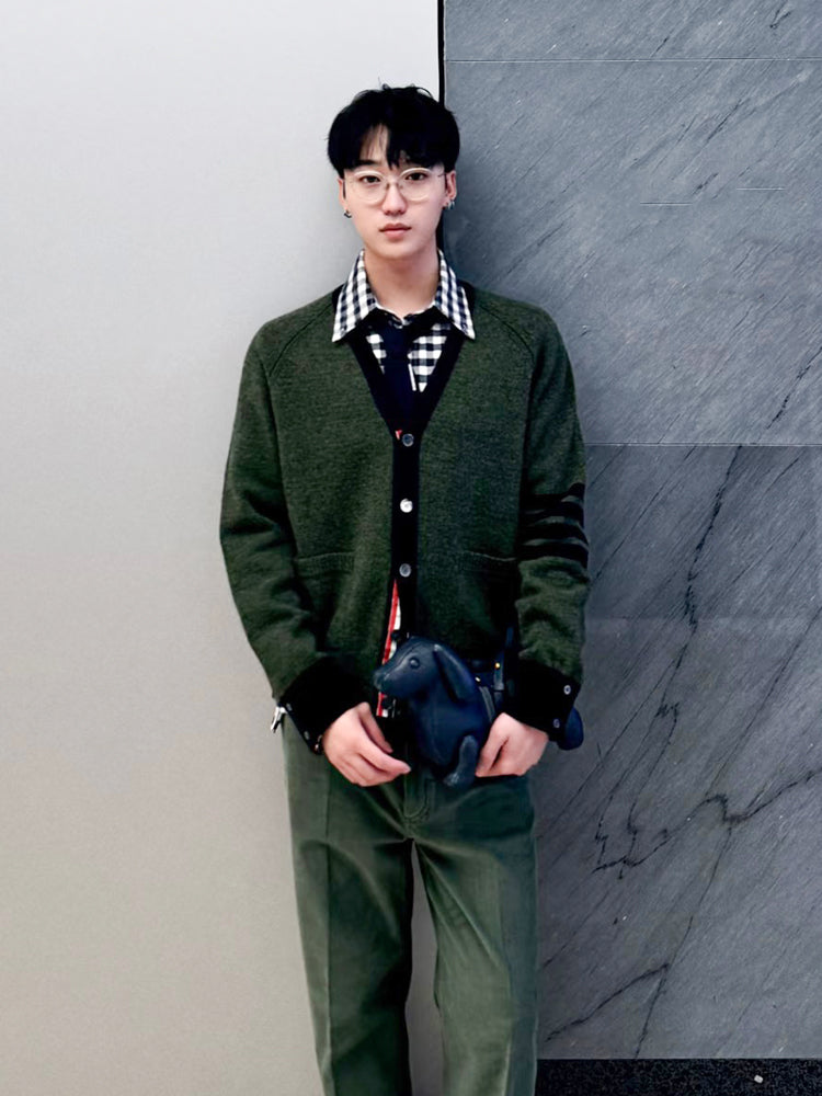 Unisex cardigan by Thom Browne, knitwear detail view