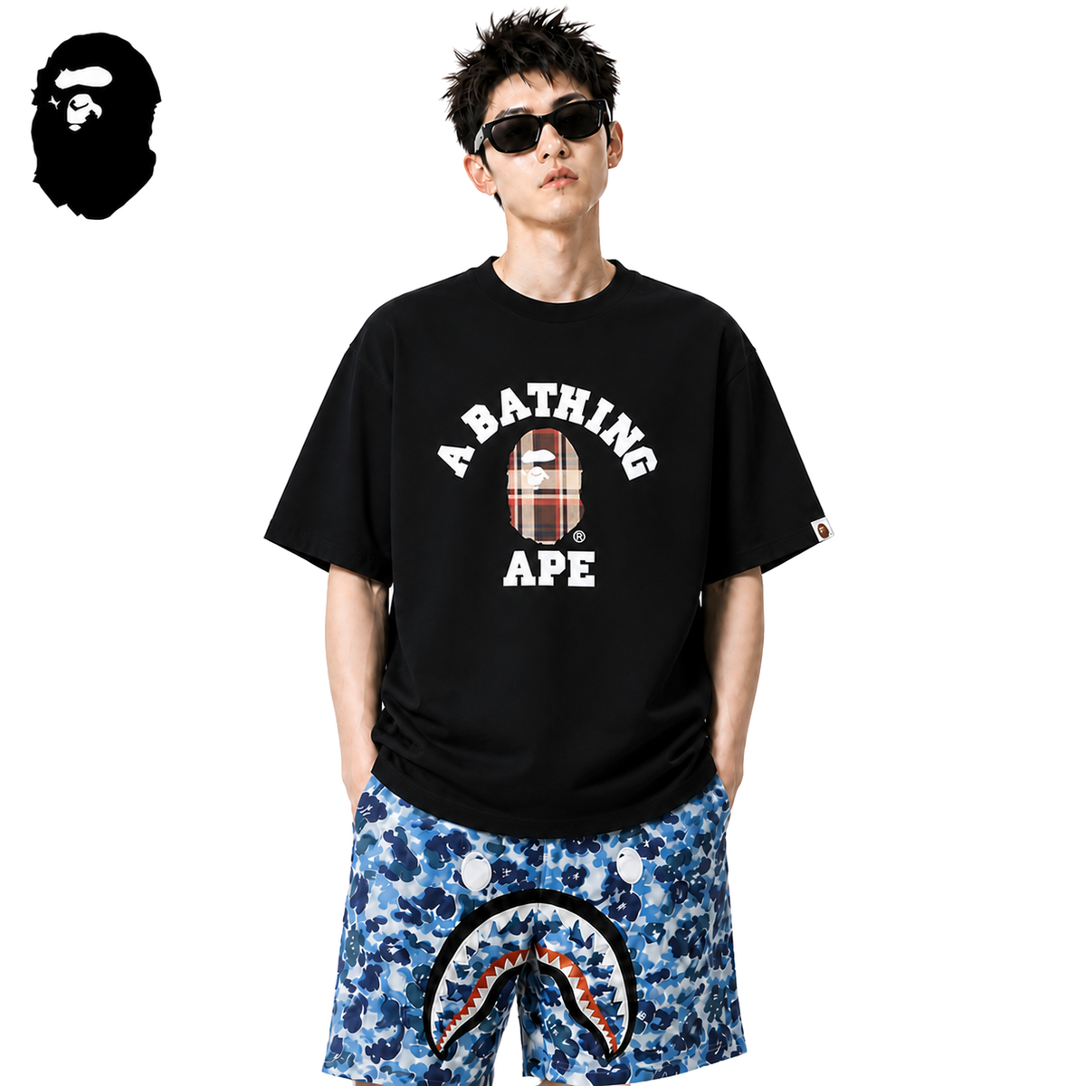 BAPE Plaid Small Ape Head Men's T-Shirt - Black - Black streetwear model on pure white background