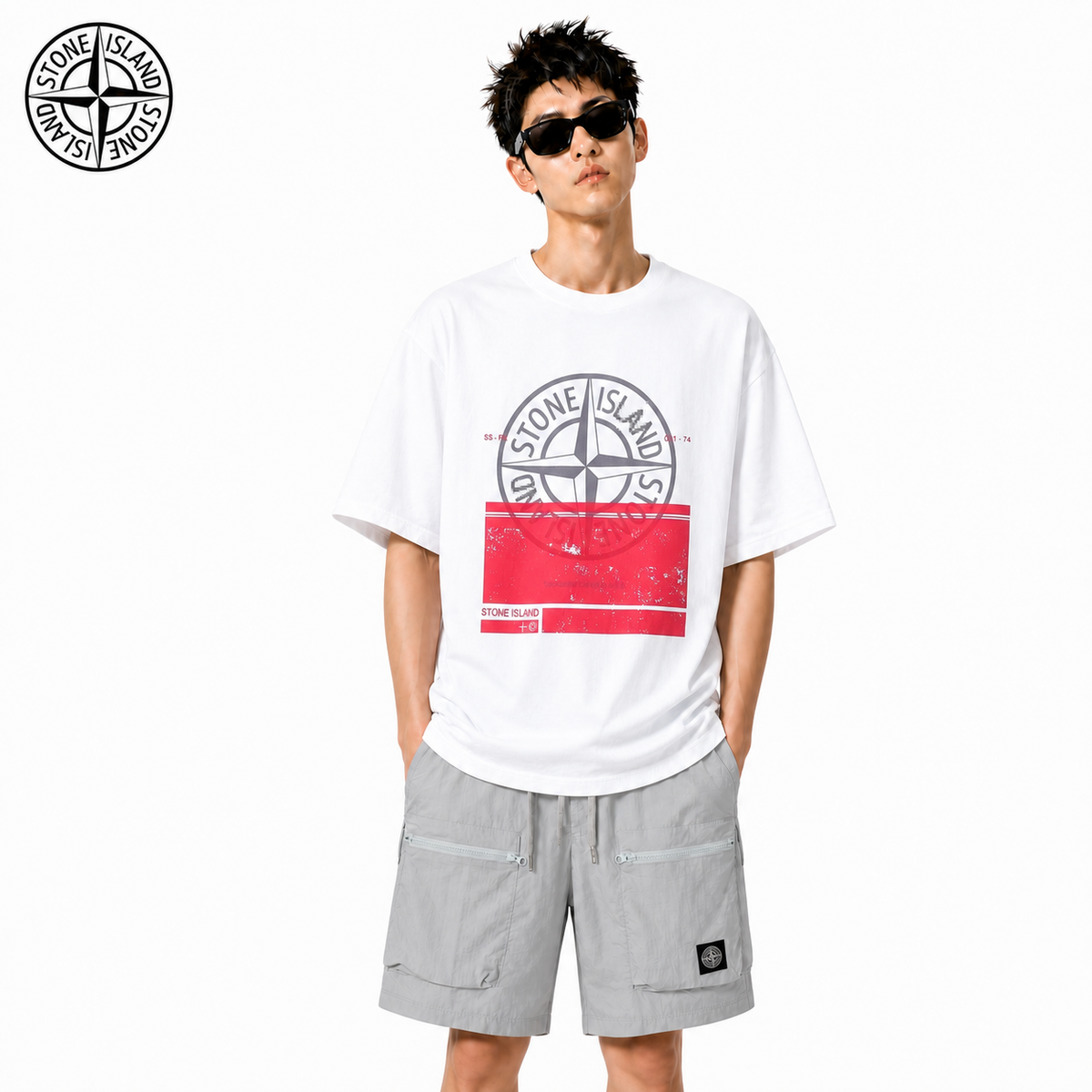 Stone Island Red Panel Compass Graphic Cotton T-Shirt on male model - front view