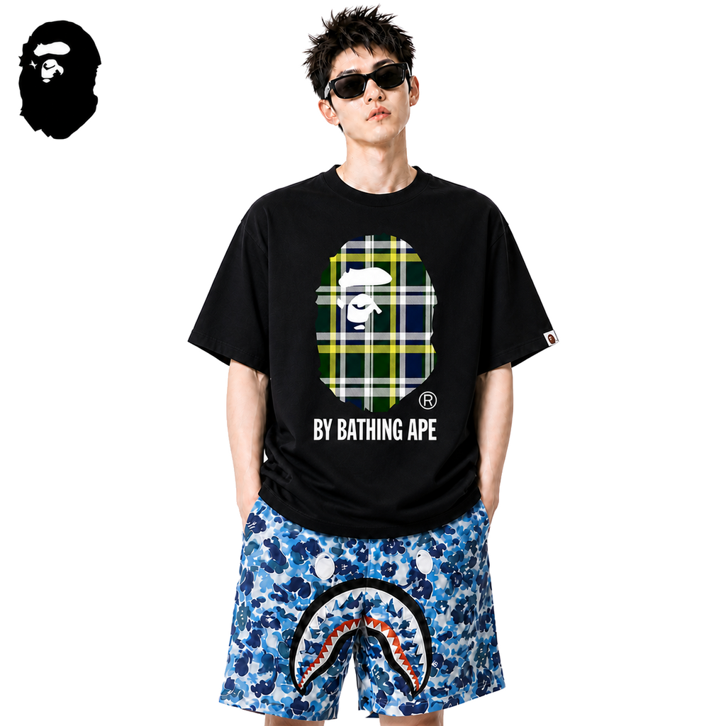 BAPE Green Check Ape Head Men's Graphic T-Shirt - Black - Black streetwear model on pure white background