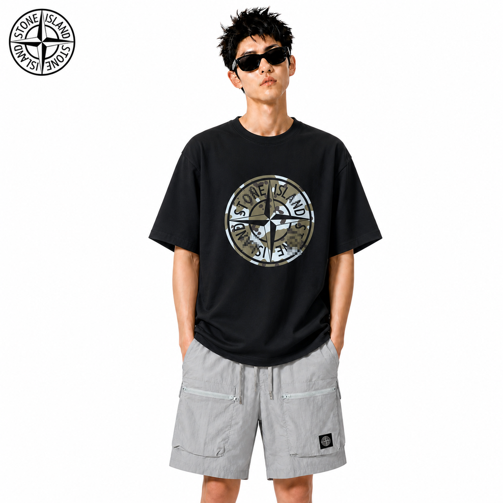 Stone Island Camo Compass Graphic Cotton T-Shirt on male model - front view