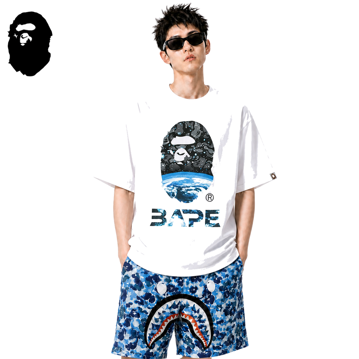 BAPE Mid-Autumn Camo Ape Head Men's T-Shirt - White - White streetwear model on pure white background