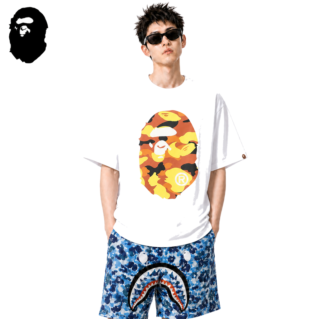 BAPE 1st Camo Big Ape Head Men's T-Shirt - White - White streetwear model on pure white background
