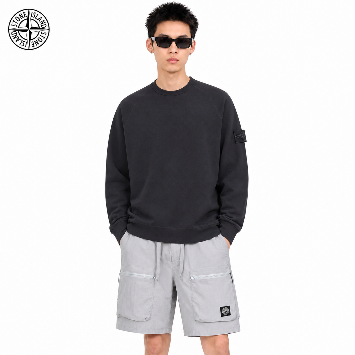 Stone Island 380 GSM Fleece Compass Badge Sweatshirt on male model - front view