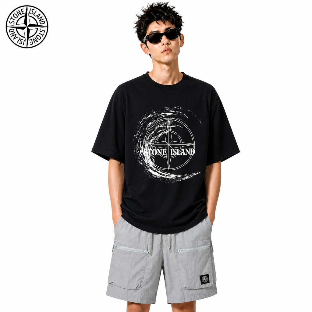 Stone Island Brush Circle Compass Graphic Cotton T-Shirt on male model - front view