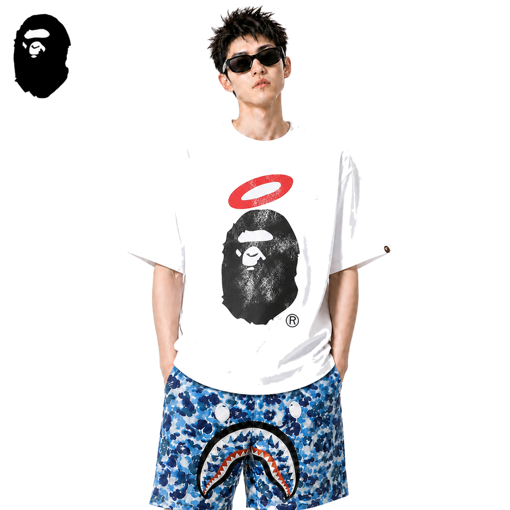 BAPE x Union Halo Ape Head Men's T-Shirt - White - White streetwear model on pure white background