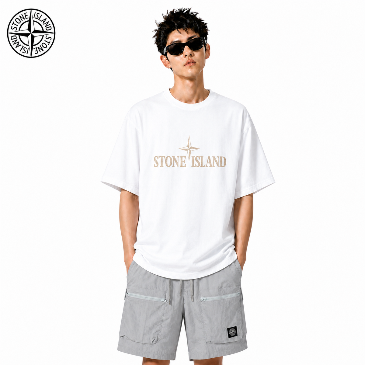 Stone Island Neutral Star Wordmark Graphic Cotton T-Shirt on male model - front view