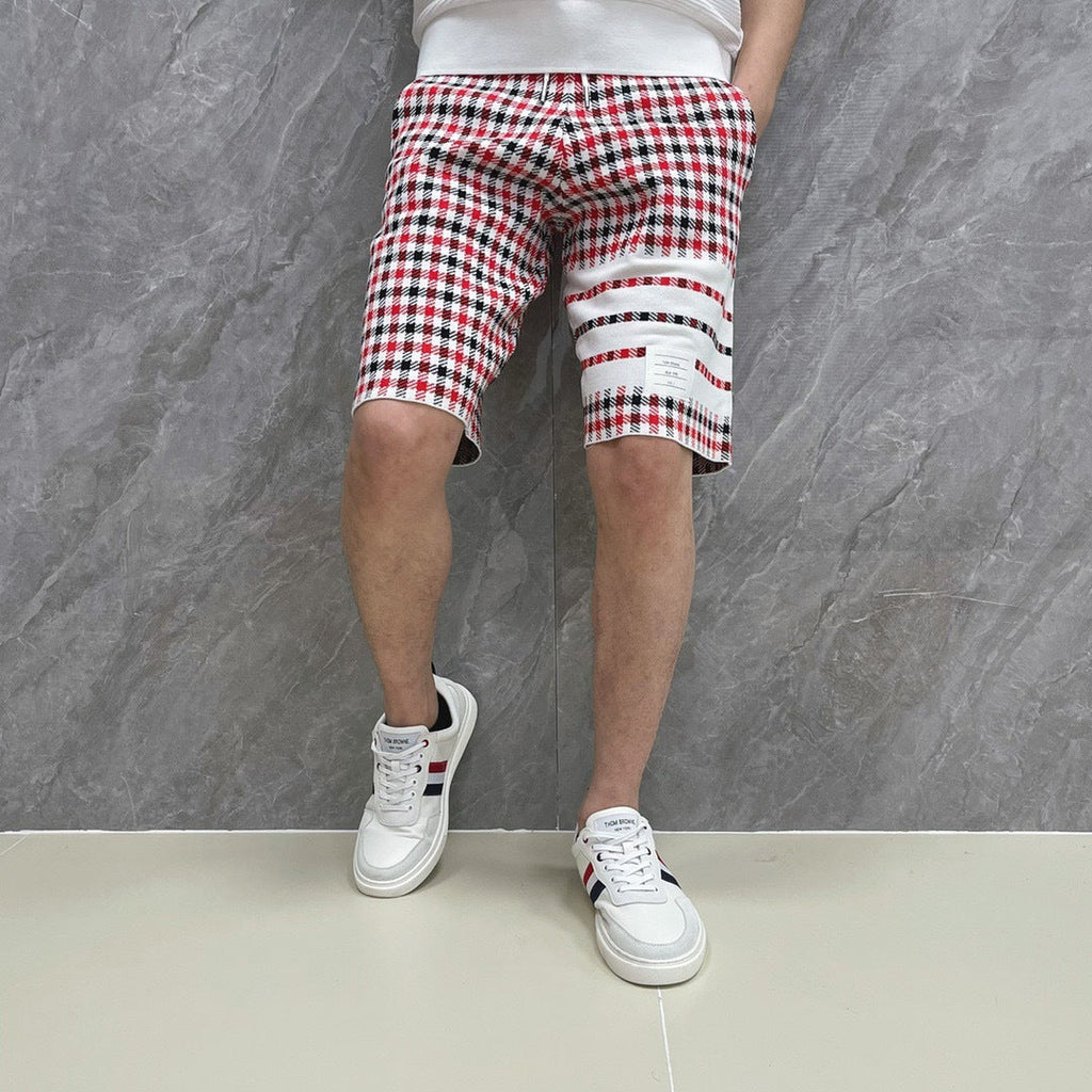 Thom Browne Style Men's Cotton Casual Shorts - Signature Four-Bar Detail Lattice Pattern - Image 2