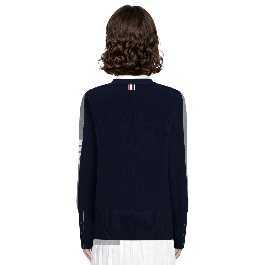 Unisex cardigan by Thom Browne, knitwear detail view