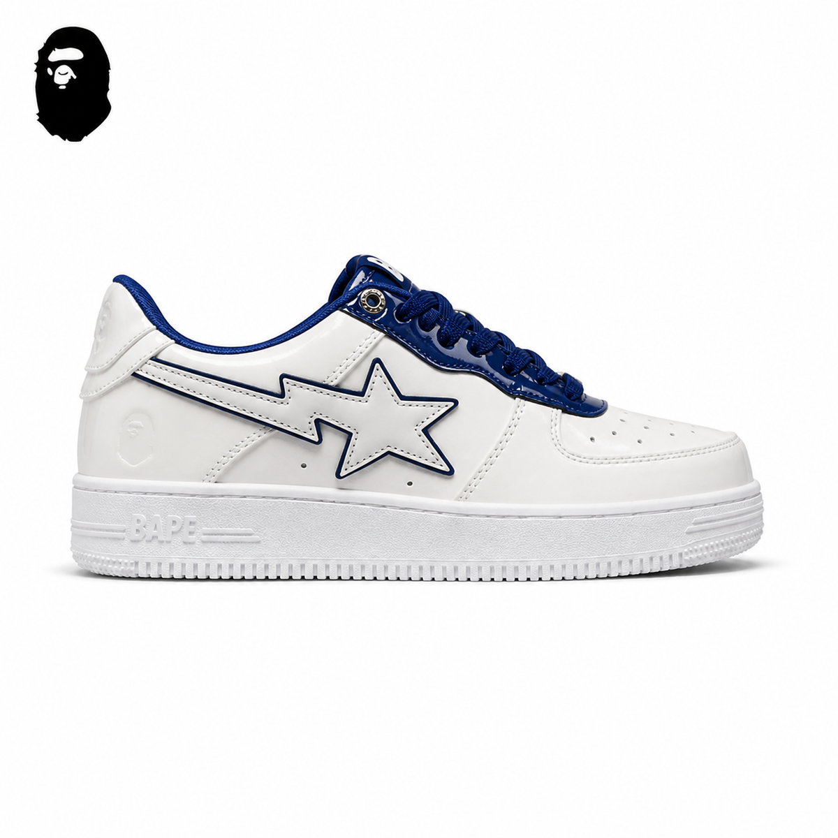 BAPE STA Patent Leather Low-Top Sneakers - White/Navy, single side view on a white background