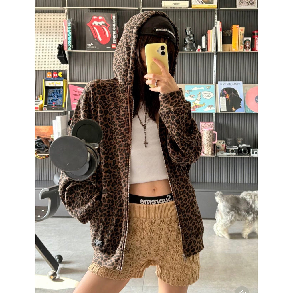 Leopard Waffle-Knit Zip-Up Hoodie