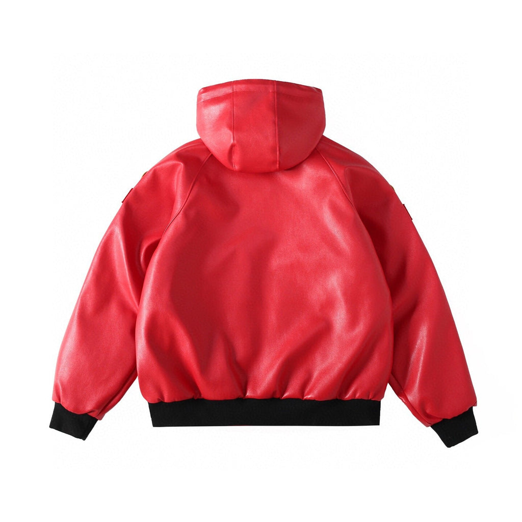 Embroidered Logo Patch Zip-Up Leather Jacket