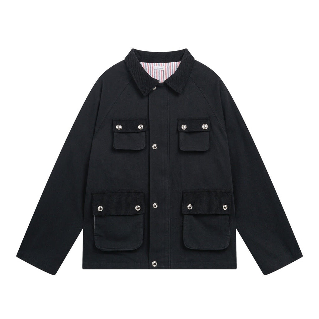 4 - Bar Utility Pocket Jacket with Signature Grosgrain Detail by Thom Browne, outerwear detail view
