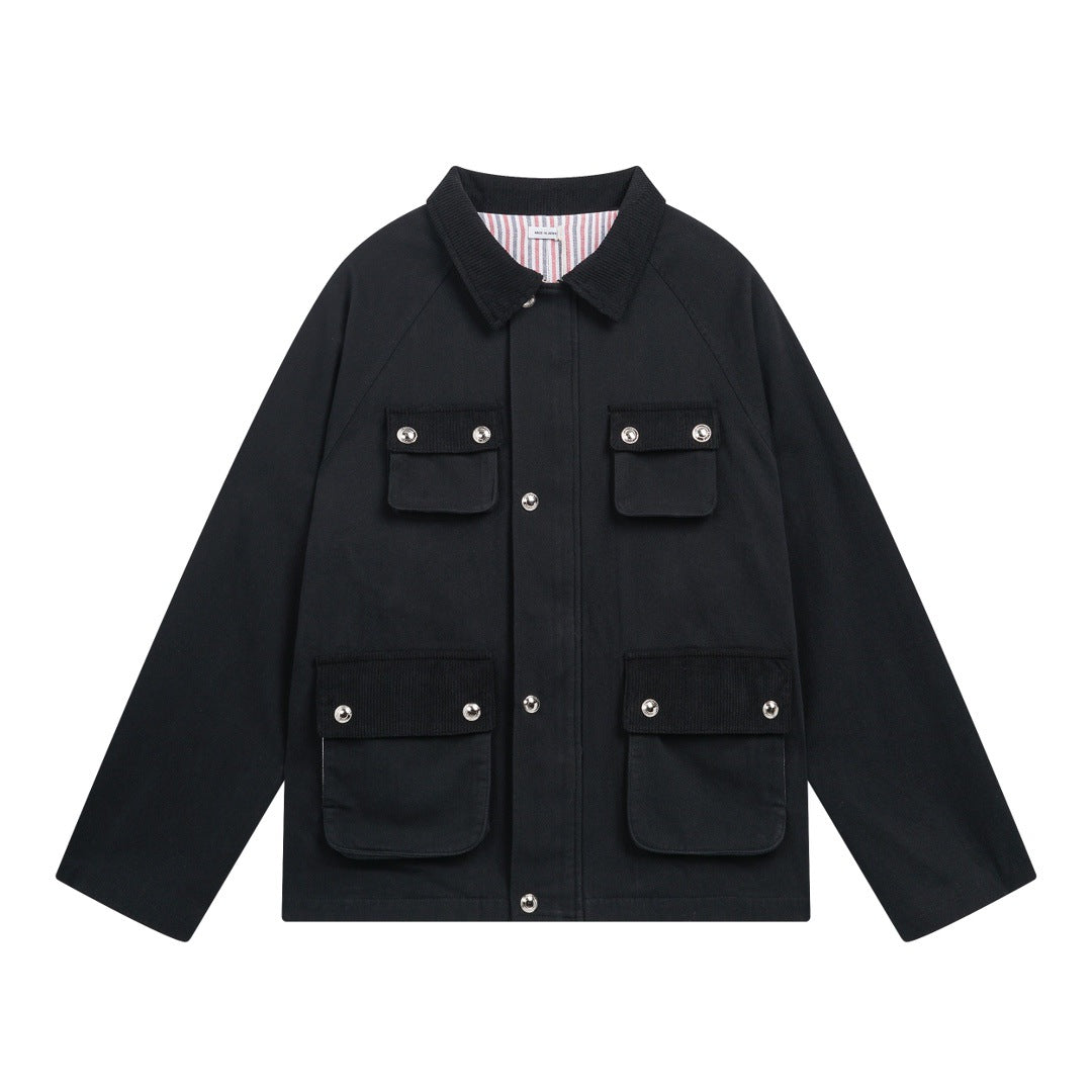 4 - Bar Utility Pocket Jacket with Signature Grosgrain Detail by Thom Browne, outerwear detail view