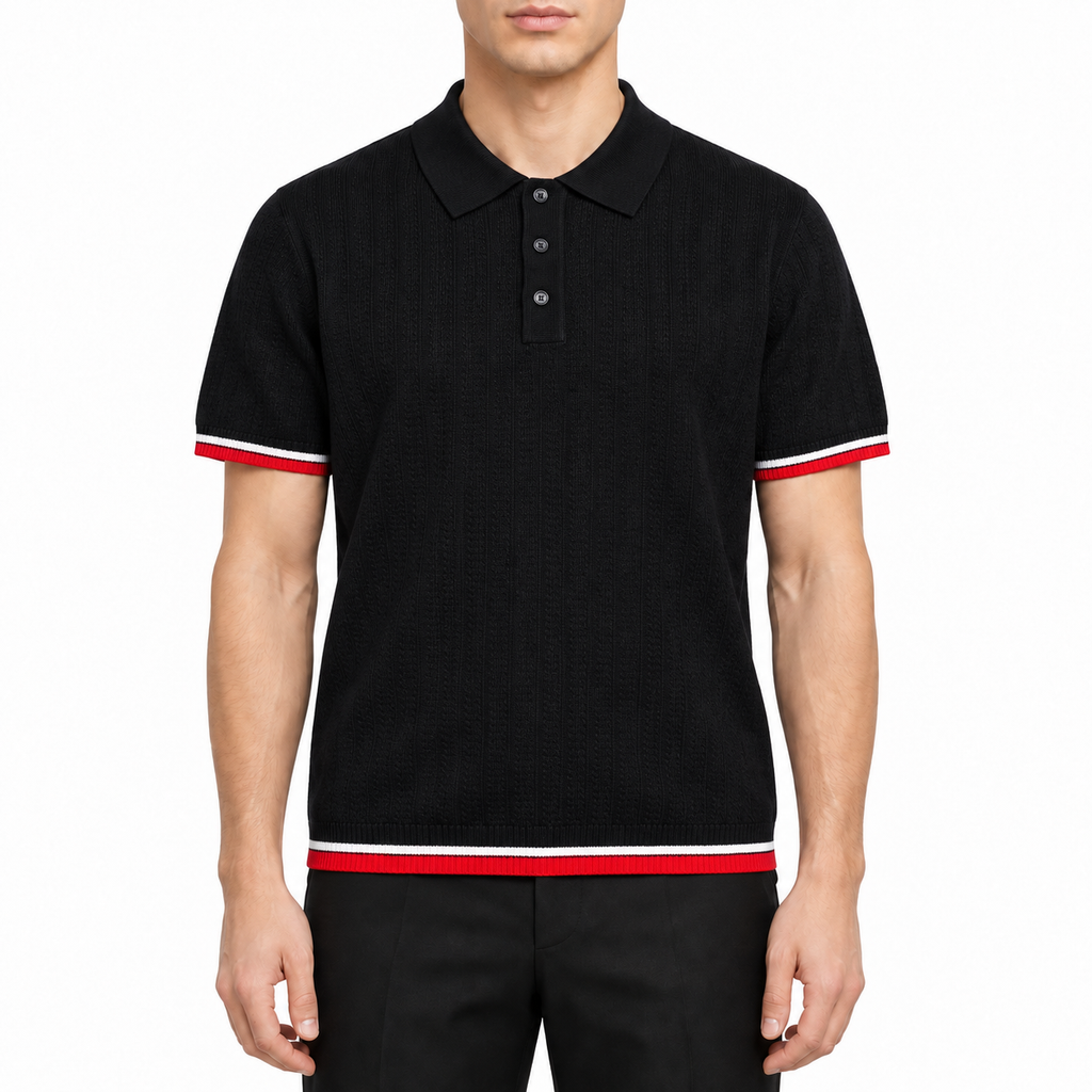 Four-Bar Stripe Knit Polo by Thom Browne, modeled on a pure white background