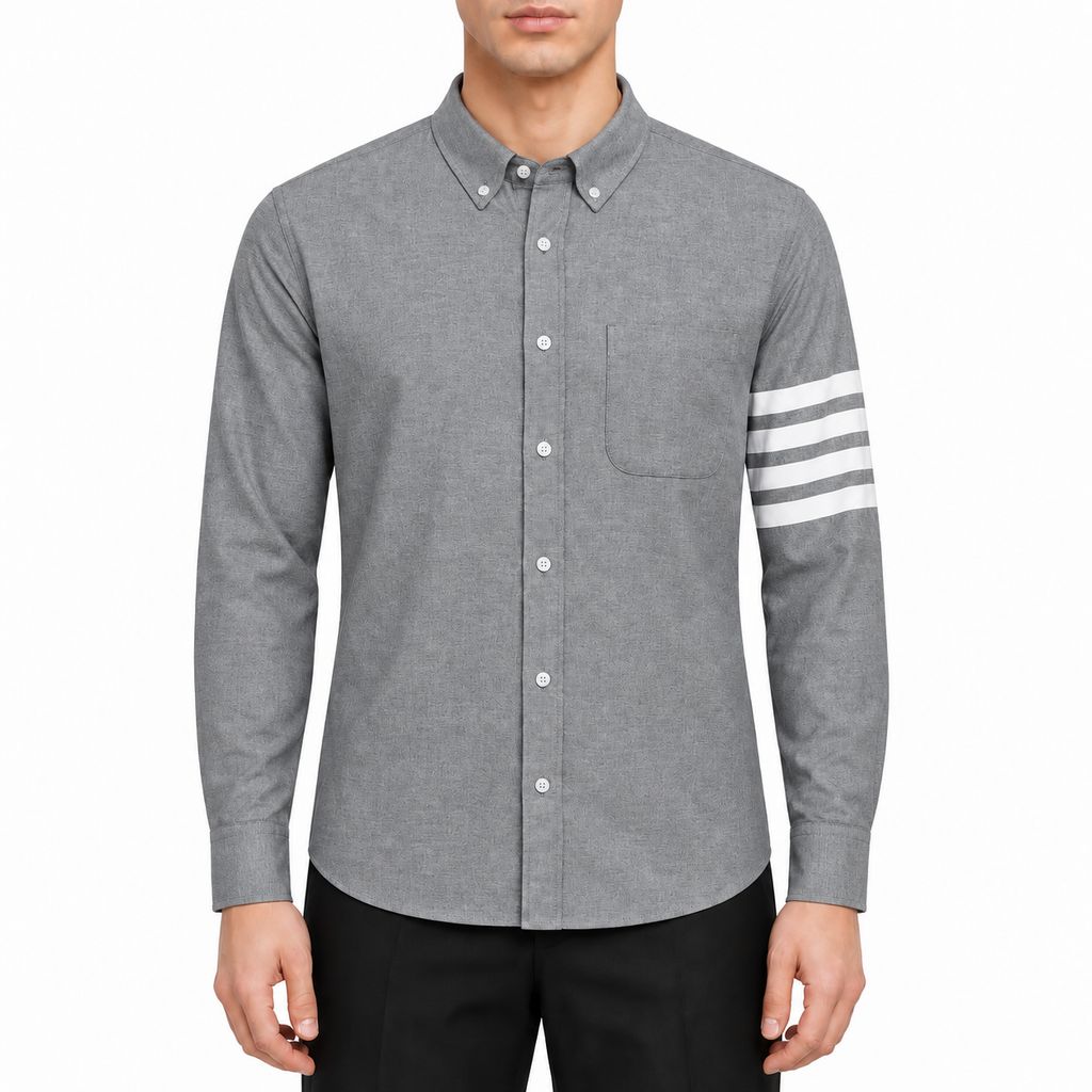 Oxford Shirt by Thom Browne, modeled on a pure white background