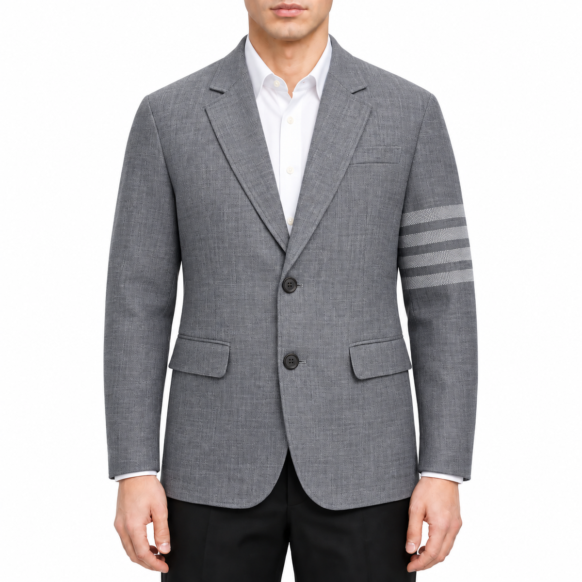 Men's 4 - Bar Suit Jacket with Signature Grosgrain Detail by Thom Browne, modeled on a pure white background