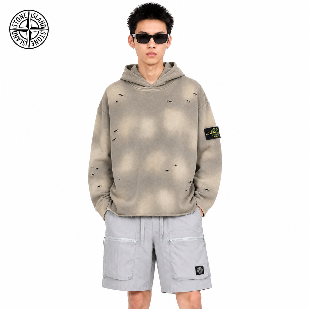 Stone Island 650 GSM Tie-Dye Distressed Pullover Hoodie on male model - front view