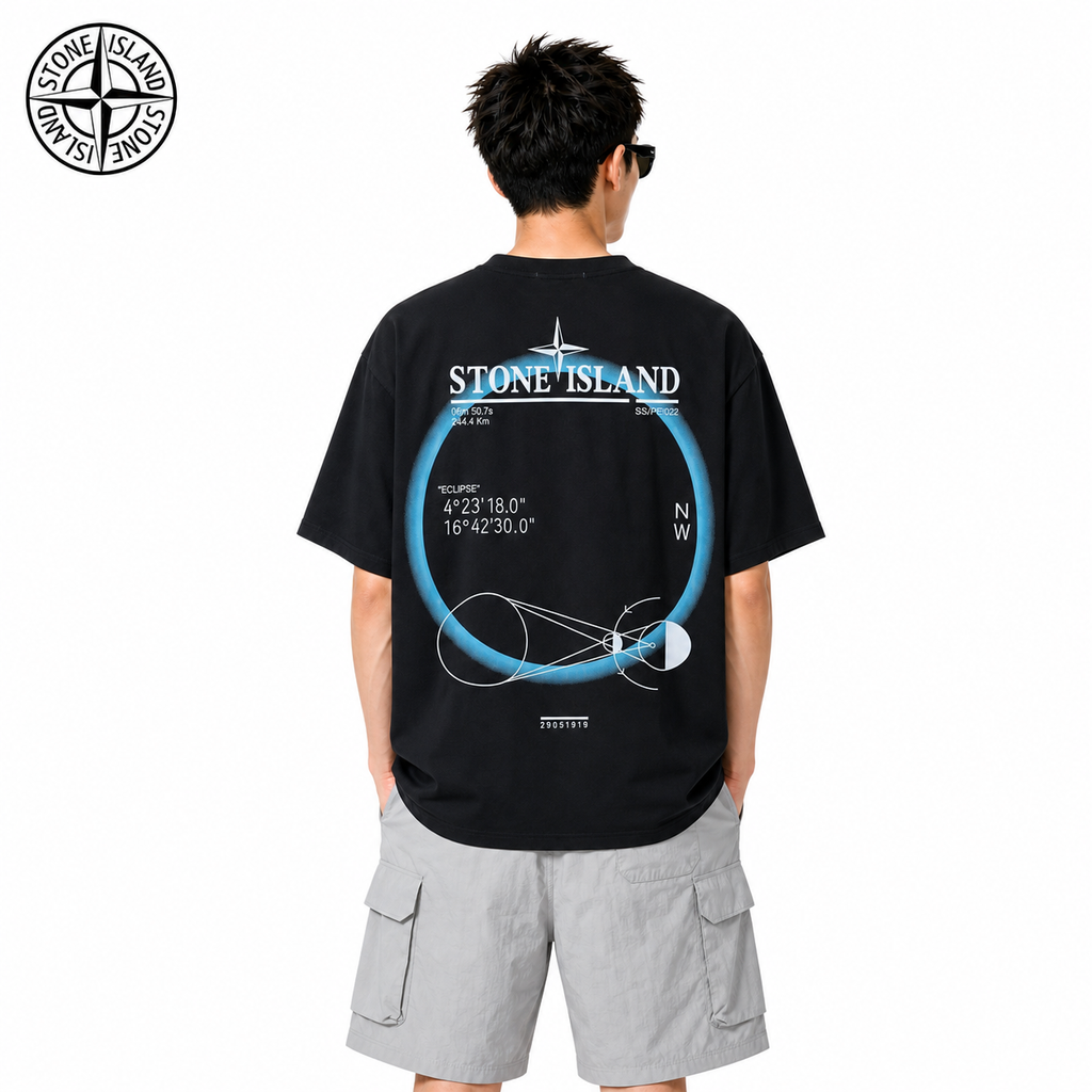 Stone Island Eclipse Technical Back Graphic Cotton T-Shirt on male model - back view
