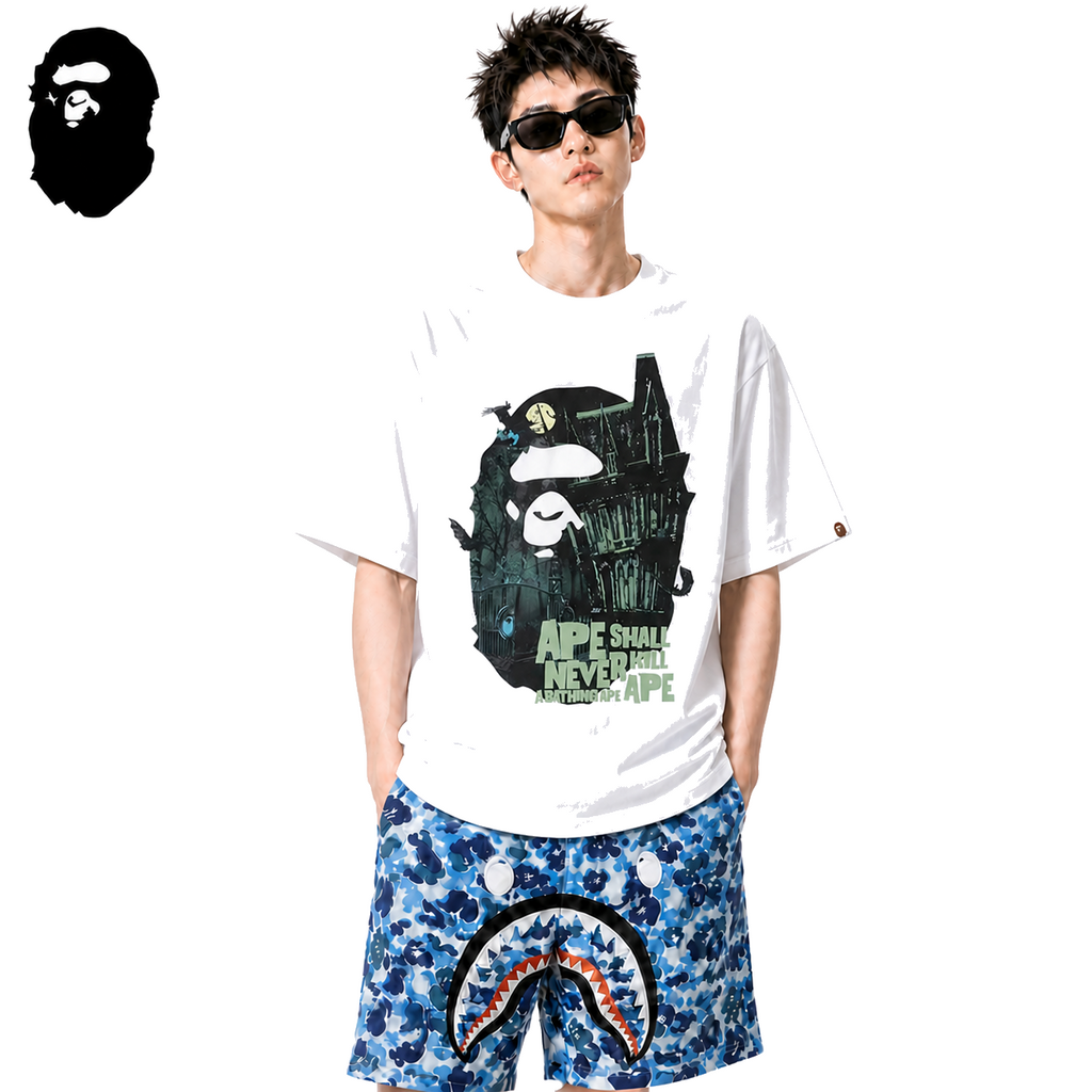 BAPE Halloween Mansion Ape Head Men's T-Shirt - White - White streetwear model on pure white background