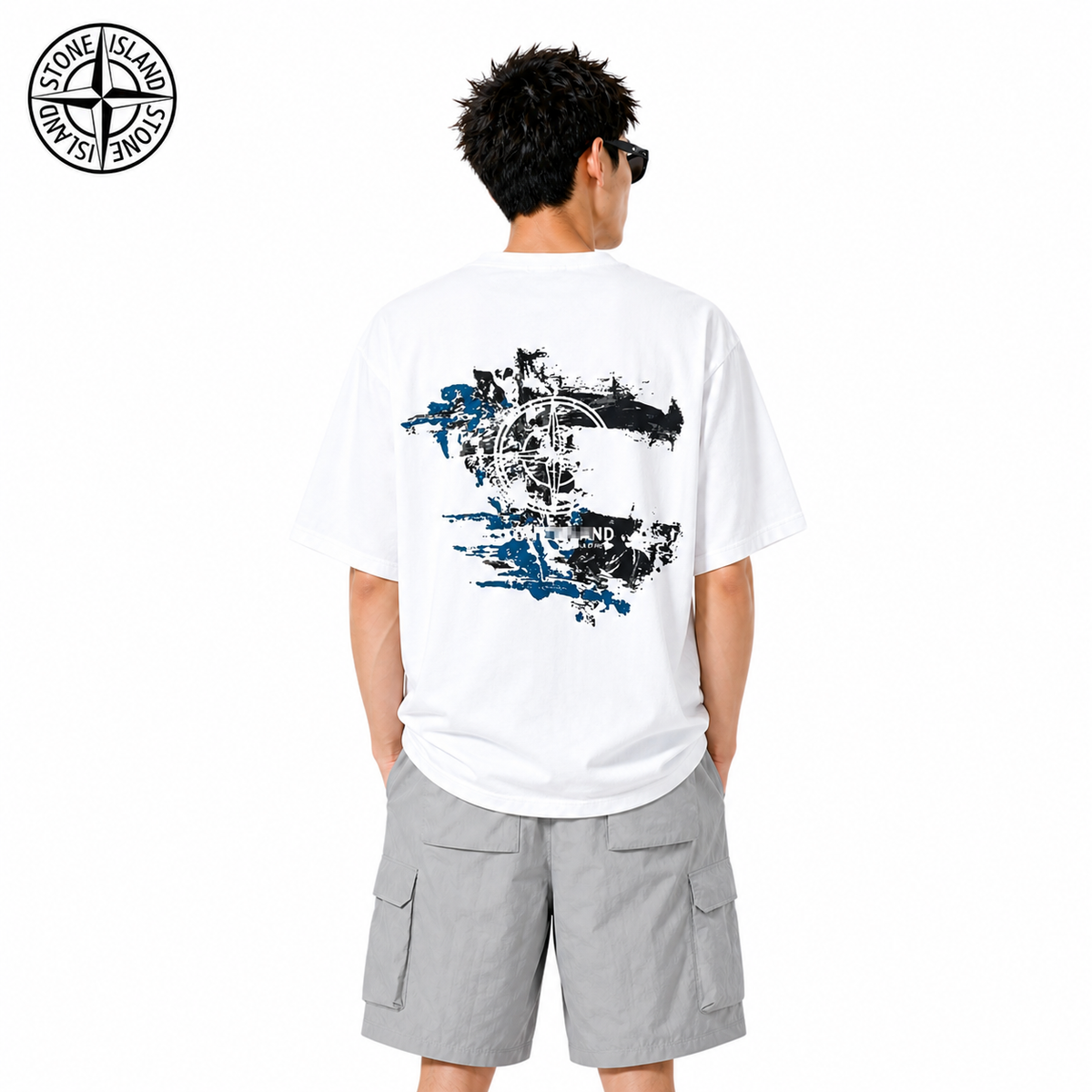 Stone Island Painterly Compass Back Graphic Cotton T-Shirt on male model - back view