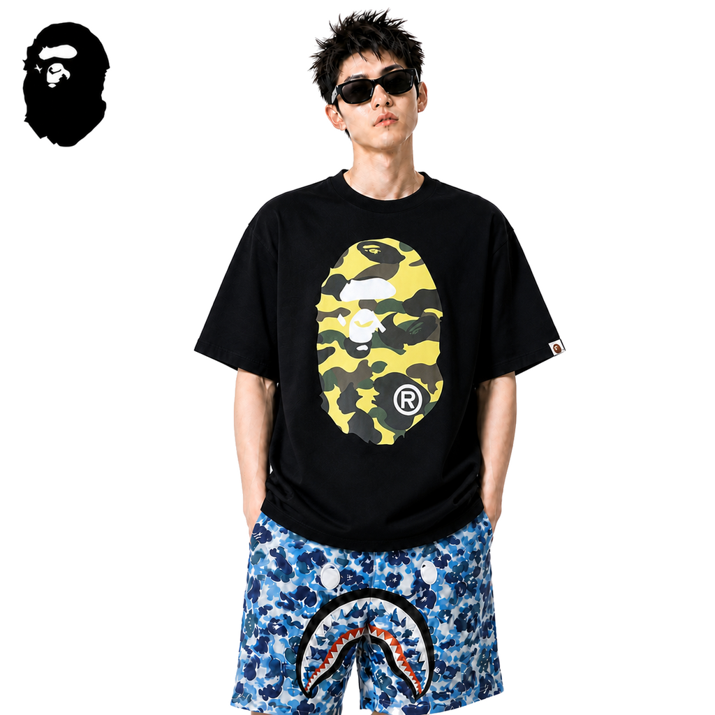 BAPE Yellow Camo Big Ape Head Men's T-Shirt - Black - Black streetwear model on pure white background