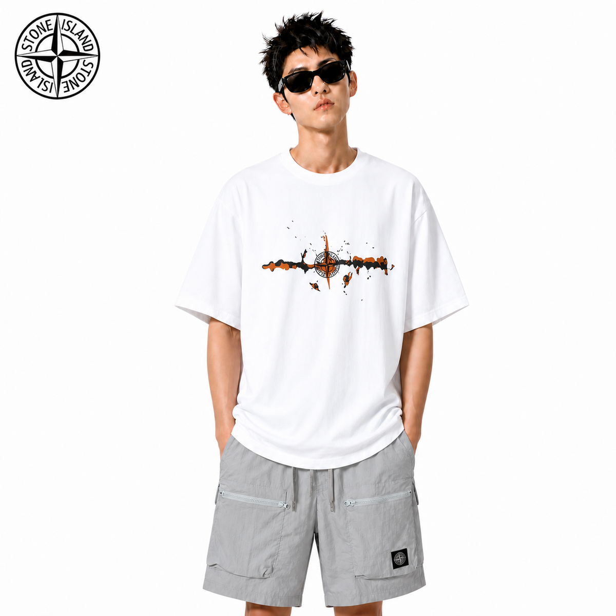 Stone Island Rust Splash Compass Graphic Cotton T-Shirt on male model - front view