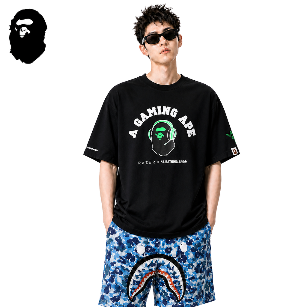 BAPE x Razer Gaming Ape Men's T-Shirt - Black - Black streetwear model on pure white background
