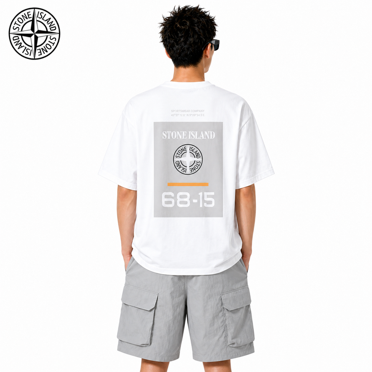 Stone Island 68-15 Label Compass Back Graphic T-Shirt on male model - back view