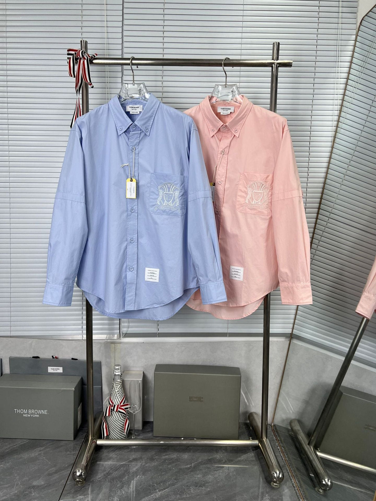 Pocket Crest Embroidered Oversized Poplin Shirt - Long Sleeve by Thom Browne, shirt detail view