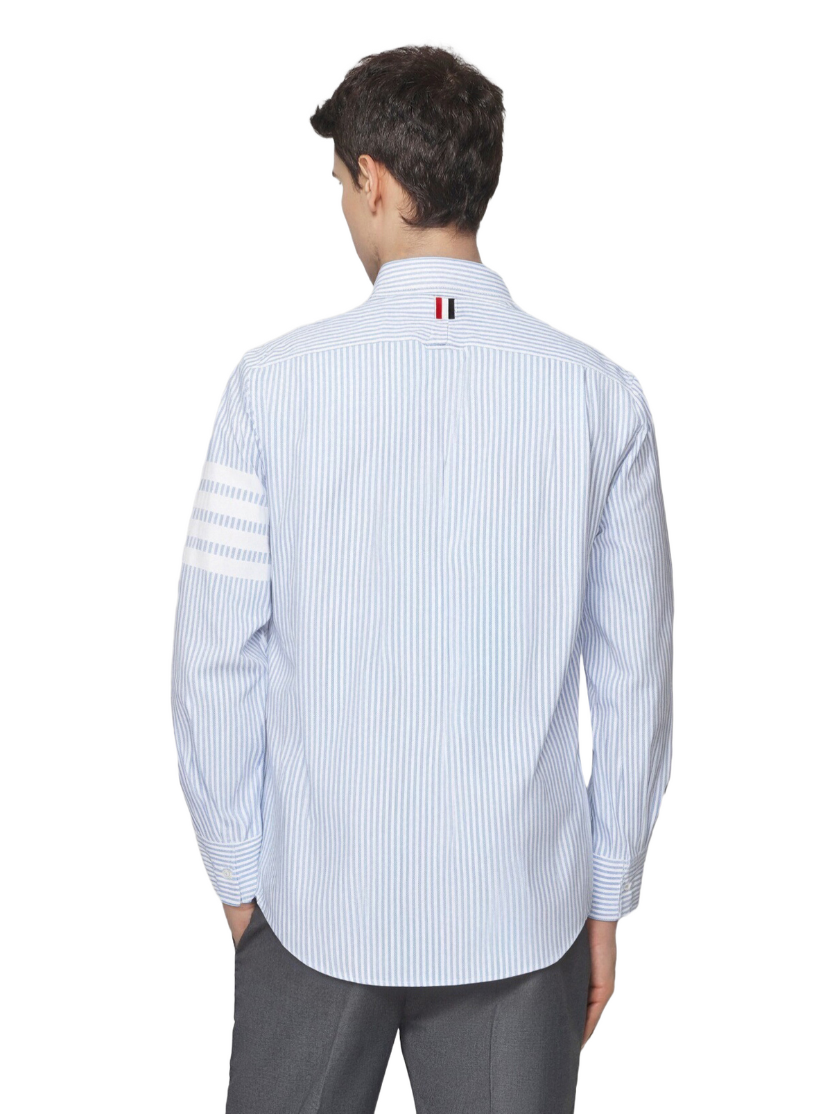 Men's Striped Long-Sleeve Shirt — Classic Button Collar by Thom Browne, shirt detail view