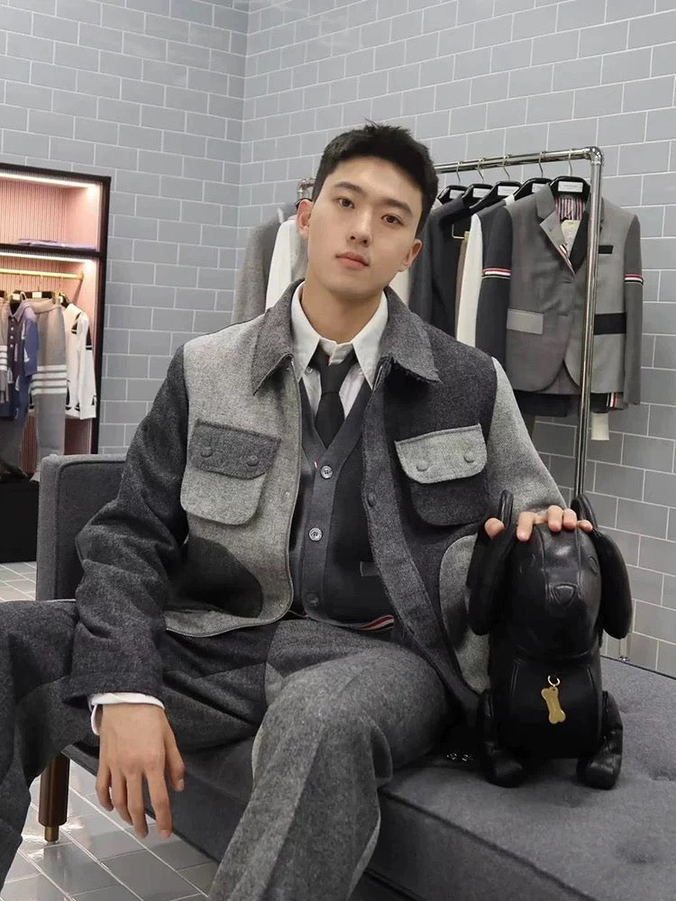 Mid-length coat by Thom Browne, outerwear detail view